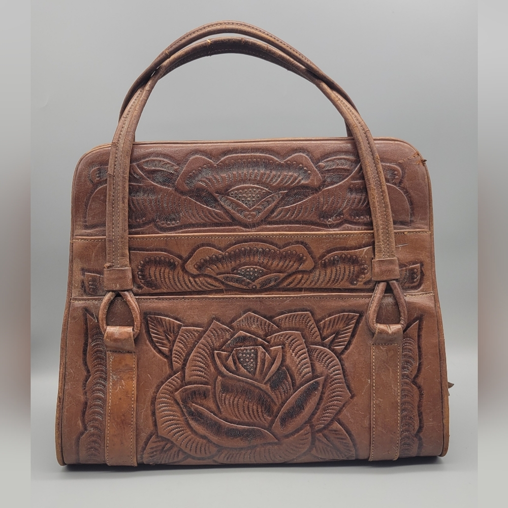 Brown Embossed Boho Vintage Leather Handbag Purse